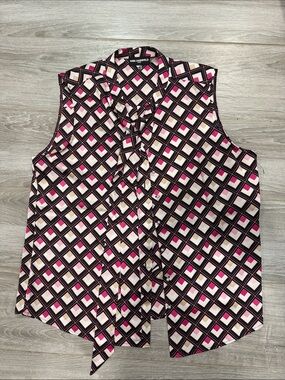 New Karl Lagerfeld Sleeveless Geometric Tie-Neck Top in Pink, Black, Cream XL